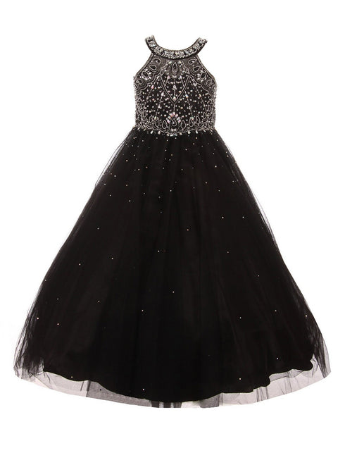 Girls Dazzling Halter Beaded Tulle Special Occasion Dress 4-16 - SophiasStyle.com